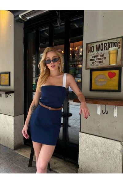 Rabia Çelik Kemerli Lacivert Elbise