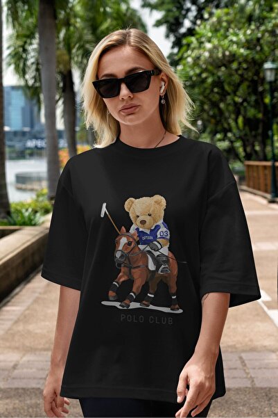 Boi Tricou oversize unisex Teddy Bear Polo Club cu imprimeu alb-negru - decol...