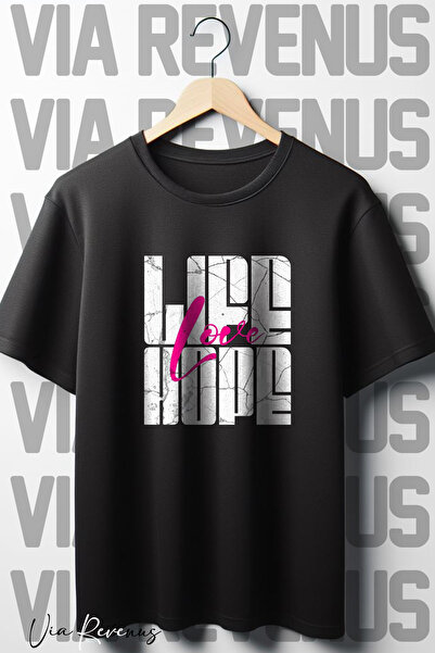 Vordevia Crna Oversize kroj majica - Život Ljubav Nada Štampano , okrugla kragna