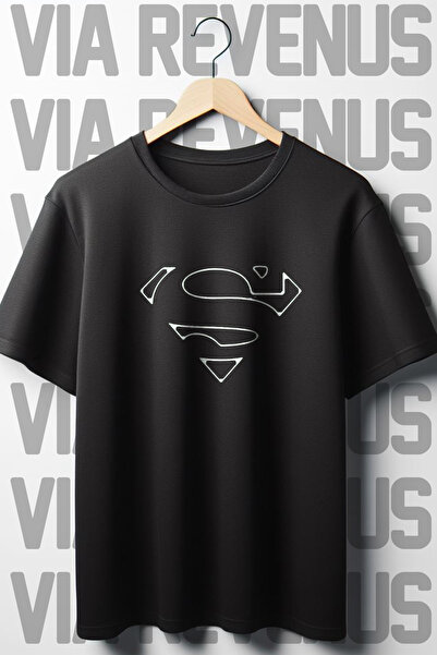 Vordevia Superman Printed Black Oversize T-Shirt - Crew Neck