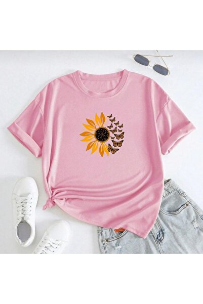 over head oh Oversize kroj Ružičasti leptir tratinčica Štampano Žene T-shirt