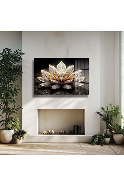GLAZELLA ELMAS LOTUS ÇİÇEĞİ DEKORATİF YATAY CAM TABLO,OTURMA ODASI,OFİS,SALON TABLO