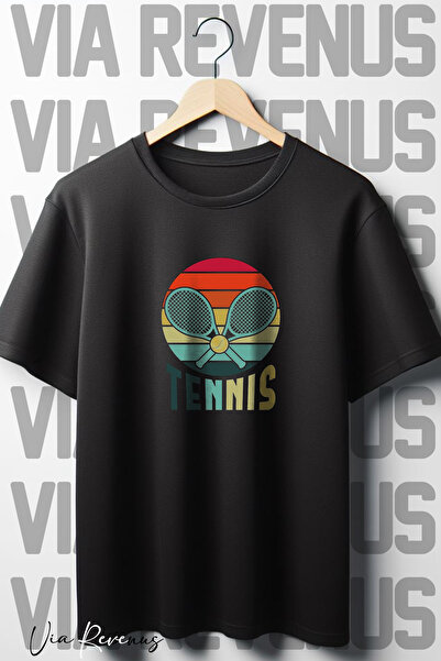 Vordevia Tricou negru oversize cu imprimeu de tenis cu decolteu triplu