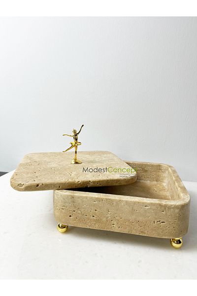 Modestmar Travertine Marble Decorative Bowl with Ball Stand and Ballerina Object