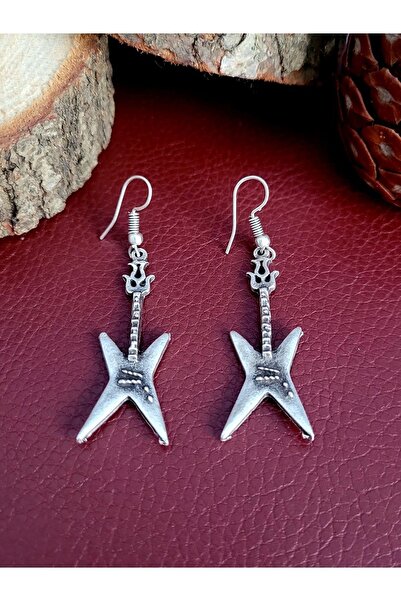 Antique Dolunay Antik Gümüş Kaplama El Yapımı Elektro Gitar Şekilli Küpe