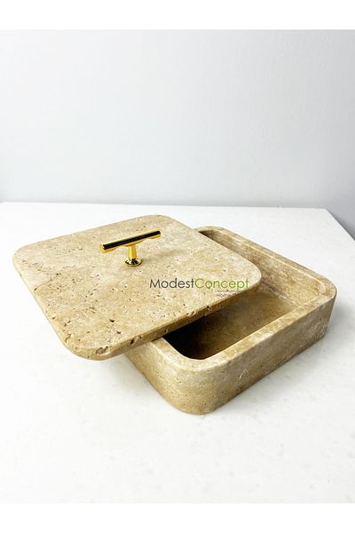 Modestmar Gold T Travertine Marble Square Bowl - Organizer Jewelry Box