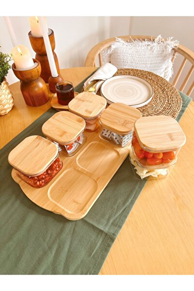 KaiHome Bambu Tepsili ve Bambu Vakum Kapaklı 6Lı Cam Kahvaltılık