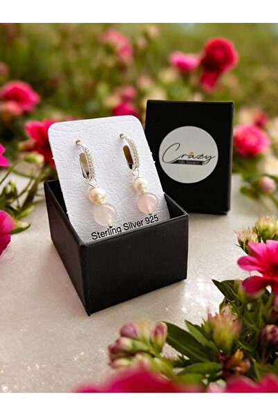 CRAZY TAKI TASARIM Hakiki Pembe Kuvars & Kültür Incisi 925 Ayar Gümüş Kadın Küpe