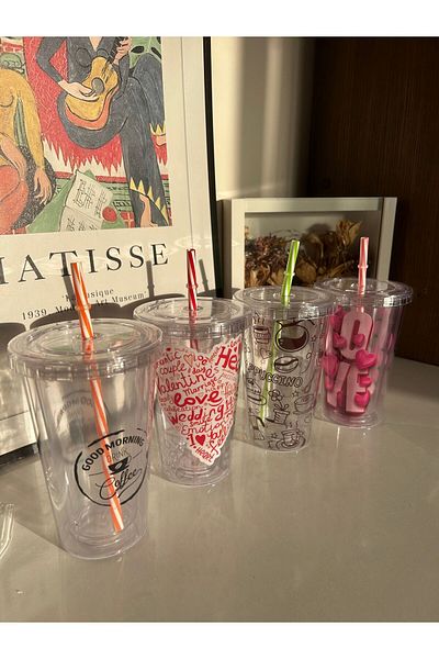 MİMOZA PARK 480 ml Patterned Double Layer Crystal Glass with Straw & Soft Drink Glass