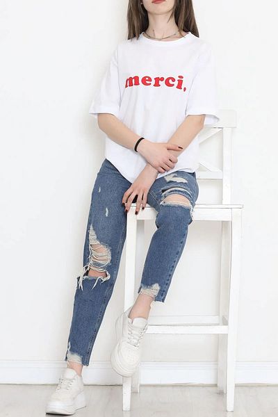 Boi Γυναικείο μπλουζάκι Oversize White Merci Written - Κοντό μανίκι, χαλαρή εφαρμογή