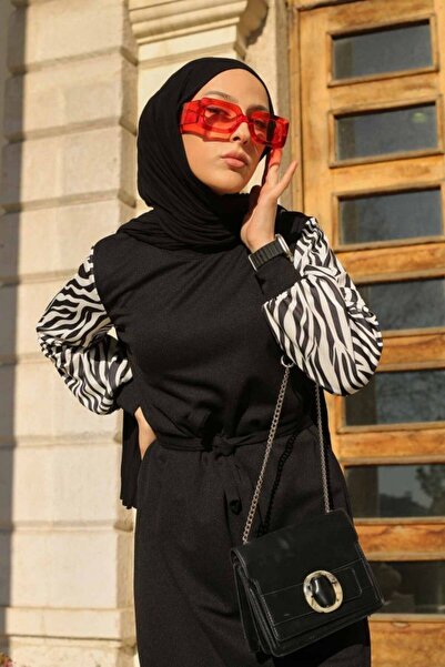 DHDmoda Siyah Kolları Zebra Desen Elbise
