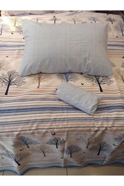 ŞENER HOME New Tree of Life Patterned Bed Sheet with Elastic Double Pique Set - Blue