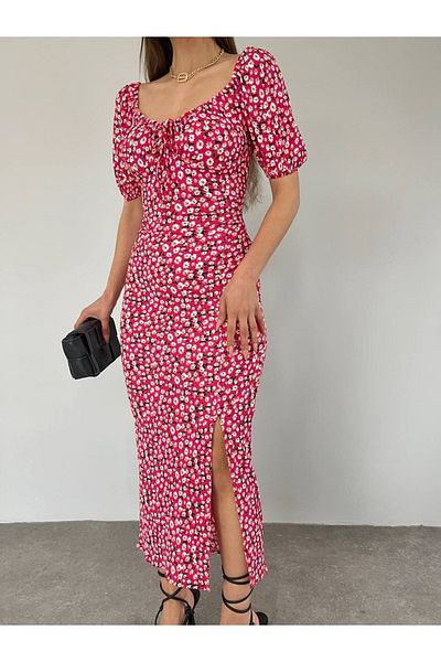 dükkan10butika Rochie de vară cu modele florale guler inimă fucsia - țesătură gresie și gresie