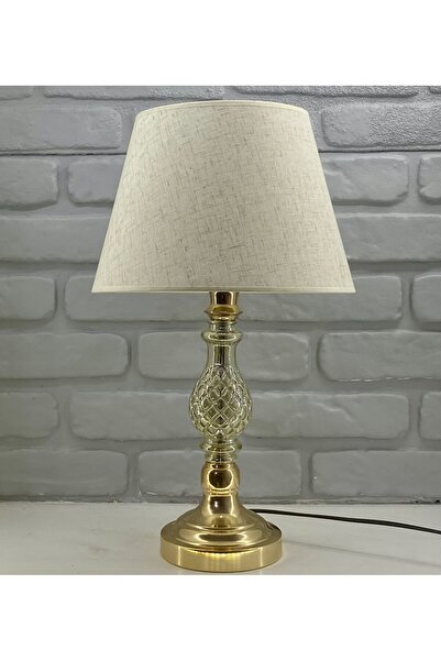 365GUNSERİSONU كتان كريمي ملون - مصباح طاولة عاكس الضوء بجسم زجاجي ذهبي وقبعة