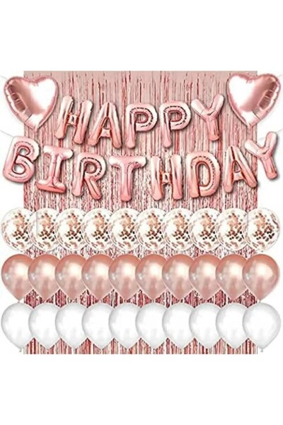 BKMC PARTY Background Curtain Set with Rose Gold Pink Happy Birthday and Hear...