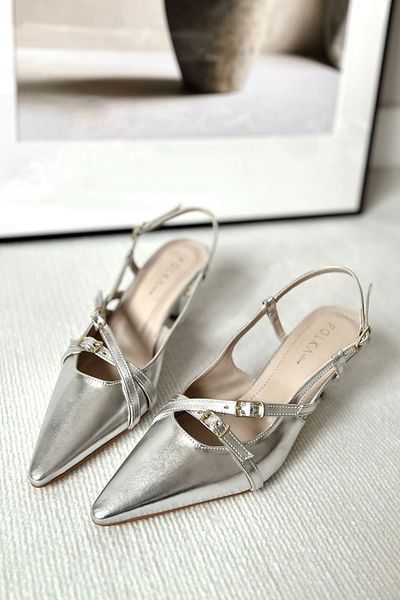 POLKA STORE Blossom Pointed Toe Two-Strap Buckle Silver Lame Gray Heeled Women's Shoes
