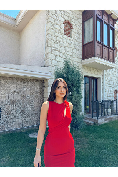 Mekafashion Asimetrik Tasarım Elbise  KIRMIZI