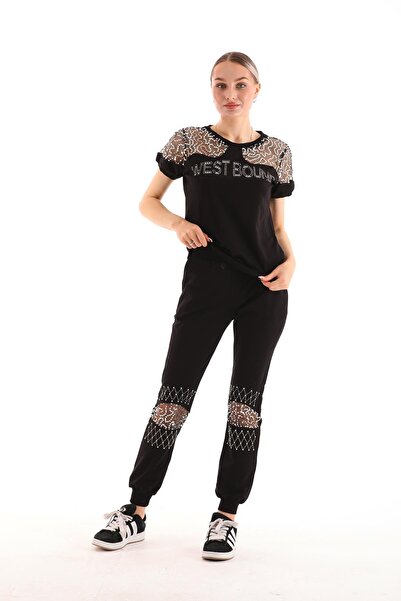 WestBound Μαύρο γυναικείο αθλητικό σετ - παγιέτες και δαντέλα, κοντομάνικο καλοκαίρι