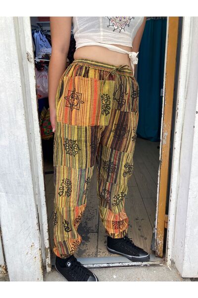 cadı otantik Nepal Patchwork Hardal Şalvar Pantalon
