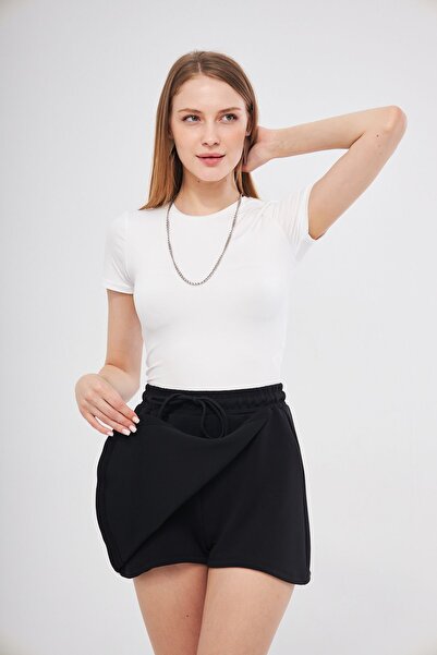 THIFF GYMWEAR Siyah Modal Karışımlı Çift Görünümlü Şort Etek – Beli Lastikli ve Bağcıklı, Örme Kadın Şort