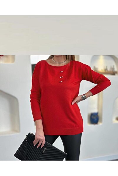 Antalya Şans Butik Kadın Triko Bluz Kırmızı Bisiklet Yaka Taş İşlemeli Akrilik-Yün Kumaş Standart Beden (36-44 Beden Uy