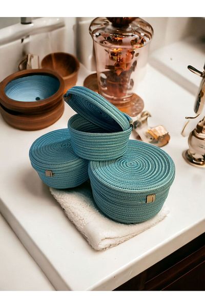 bestiva 3-Piece Wicker Jute Basket Set - Organizer with Lid, Multi-Purpose