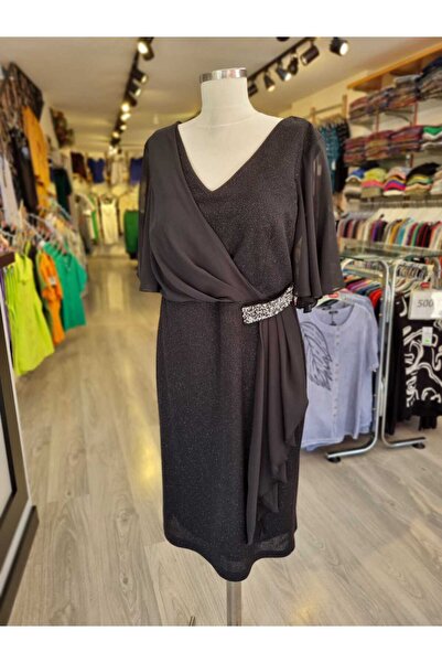 Paşalı V YAKA LİKRALI SANDY KUMAŞ  YARIM KOLU ABİYE ELBİSE