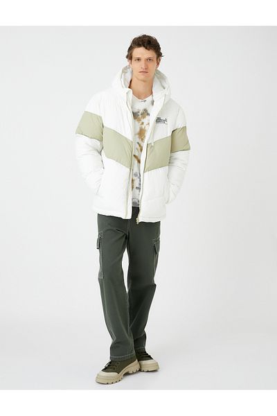 Koton Puffer Jacket Hooded Slogan Printed Pocket Zippered Color Block