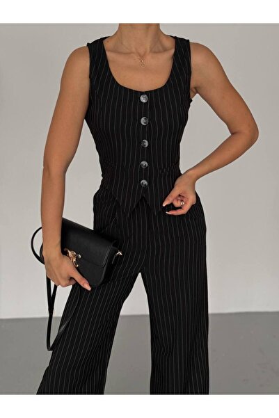 VİAJE بدلة سترة كريب محبوكة مخططة للنساء V2525