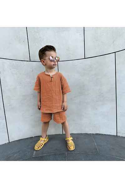 LP LittlePoffy Летен комплект от муселин за момче, горнище от 100% памук, големи шорти, тениска, комплект от две части, 2-6 години