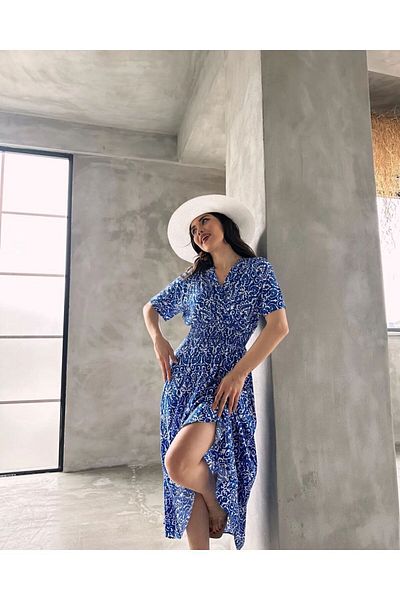 asur boutique Asur Boutique - Rochie de dama din vascoza, guler dublu si gipeli imprimat