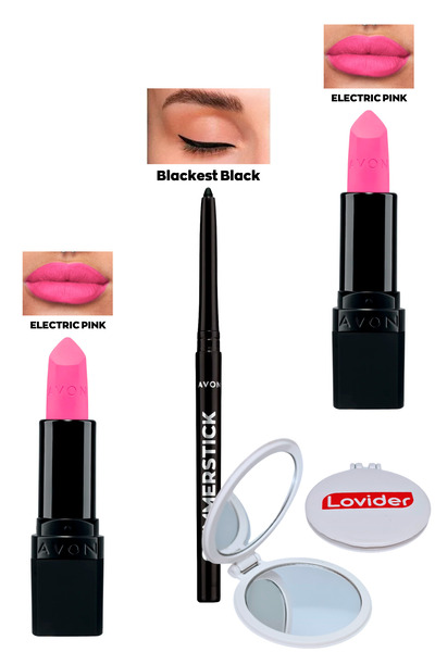 AVON Electric Pink Mat Ruj x 2 Adet + Siyah Göz Kalemi + Lovider Cep Aynası