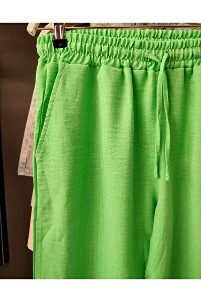 Rosidam Yeşil Keten Pamuk Karışımlı Yazlık Relax Unisex Pantolon