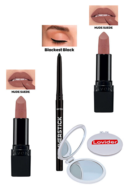 AVON Nude Suede Mat Ruj x 2 Adet + Siyah Göz Kalemi + Lovider Cep Aynası