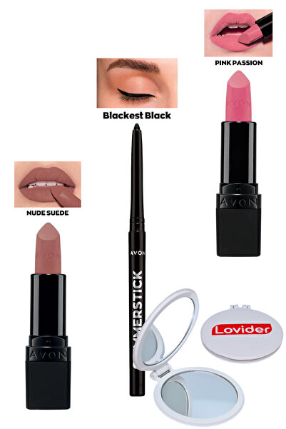AVON Nude Suede Mat Ruj + Siyah Göz Kalemi + Pink Passion Mat Ruj + Lovider C...