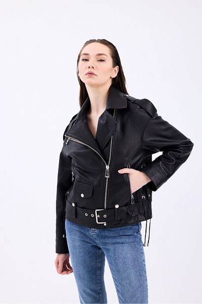 CE-YIL DERİ ÜRÜNLERİ Genuine Leather Oversize Biker Coat