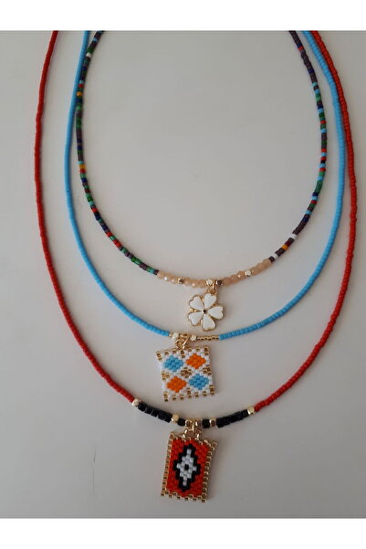 boncuktanseyler El Yapımı Mavi Kırmızı Desenli Afgan Boncuklu Miyuki ve Çiçek...