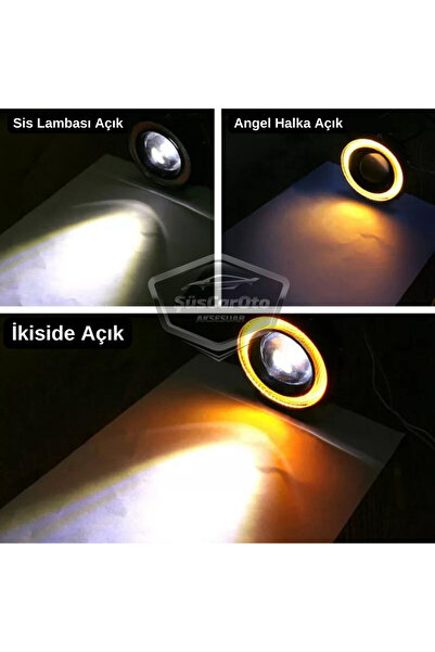 ŞüsCarOto Aksesuar Ford Courier 2014-2023 Uyumlu Mercekli Angel Sis Farı Metal 76 mm Sarı Halkalı Gündüz Farı 2 Adet