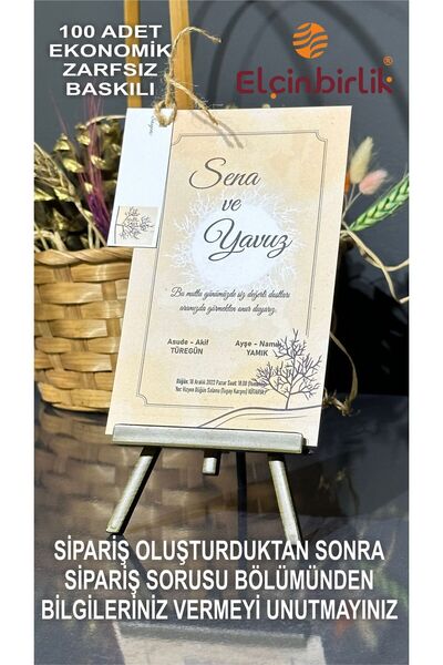 elçinbirlik DüğüN Nişan İpli Zarfsız Ekonomik Davetiye 100 Adet Baskılı