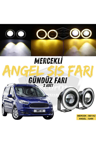 ŞüsCarOto Aksesuar Ford Courier 2014-2023 Uyumlu Mercekli Angel Sis Farı Metal 76 mm Sarı Halkalı Gündüz Farı 2 Adet