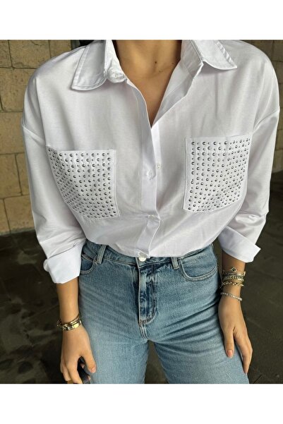 Zilan Koluş Design Kadın Taş İşlemeli Beyaz Salaş Gömlek