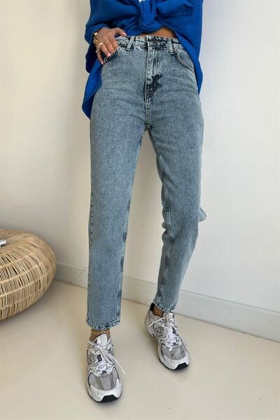 geenz manifacture High Waist Mom Jean - Women's Boyfriend Snow Blue Colorfast Power Lycra