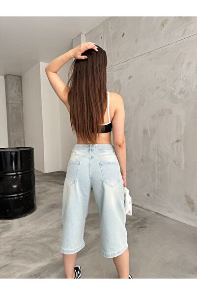 BİKELİFE Magas derekú táskás bermuda farmer női rövidnadrág - térd alatt