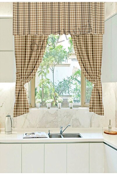 perlina home 2 Kanat Fon Perde Pötikare Kahverengi 200 Cm Kısa Mutfak Perdesi