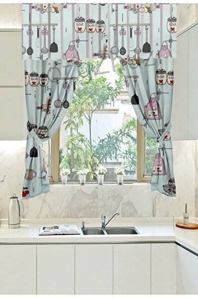perlina home 2 Kanat Fon Perde Desen A + 200 Cm Kısa Mutfak Perdesi