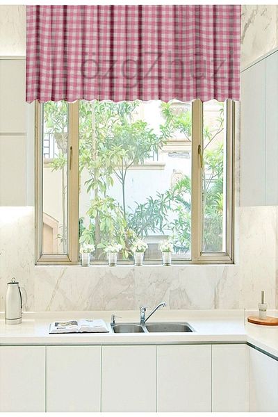 perlina home Short Kitchen Curtain Small Checked Pink