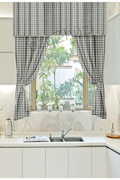 perlina home 2 Wing Background Curtain Checkered Gray + 200 cm Short Kitchen Curtain