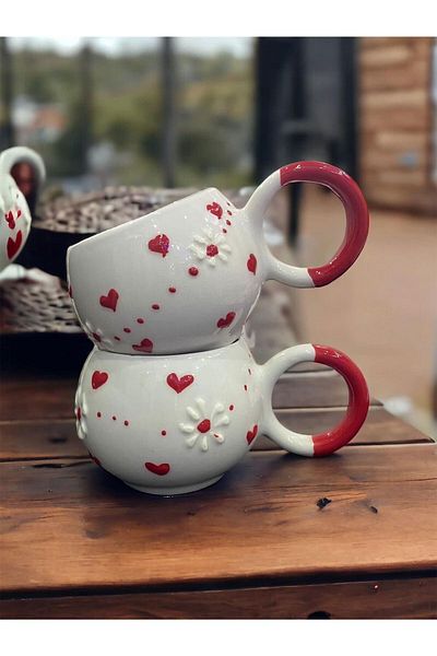 SeraCEY Bubble Special Embossed Heart and Daisy Hand Embroidered 2-Piece Lover Ceramic Mug