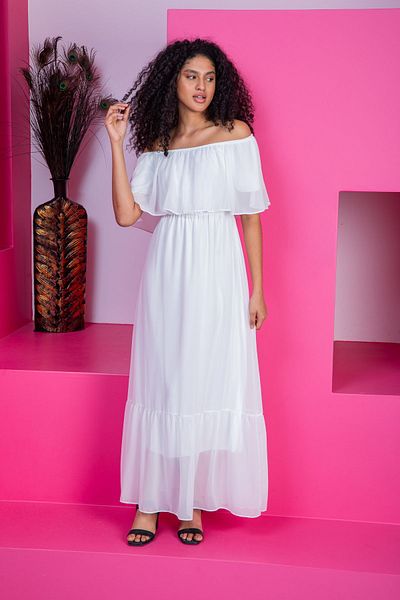 Azra Style Φόρεμα Carmen Collar Λευκή Φούστα με βολάν μακρύ σιφόν