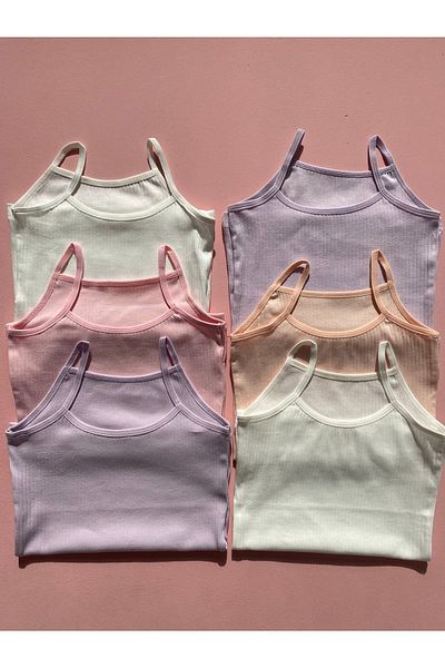 LEYNA BUTİK Girl's 6-Piece Ribbed Rope Strap Lycra Cotton Tank Top